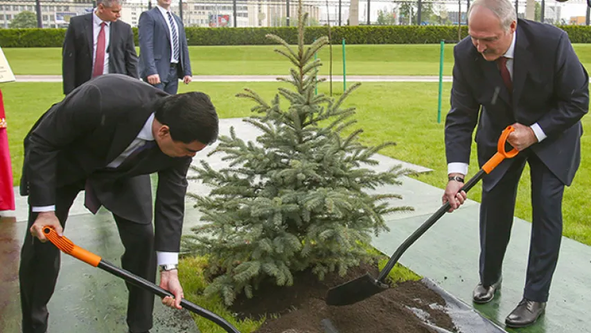 Фотафакт: Лукашэнка і Бердымухамедаў у дождж паліваюць елку