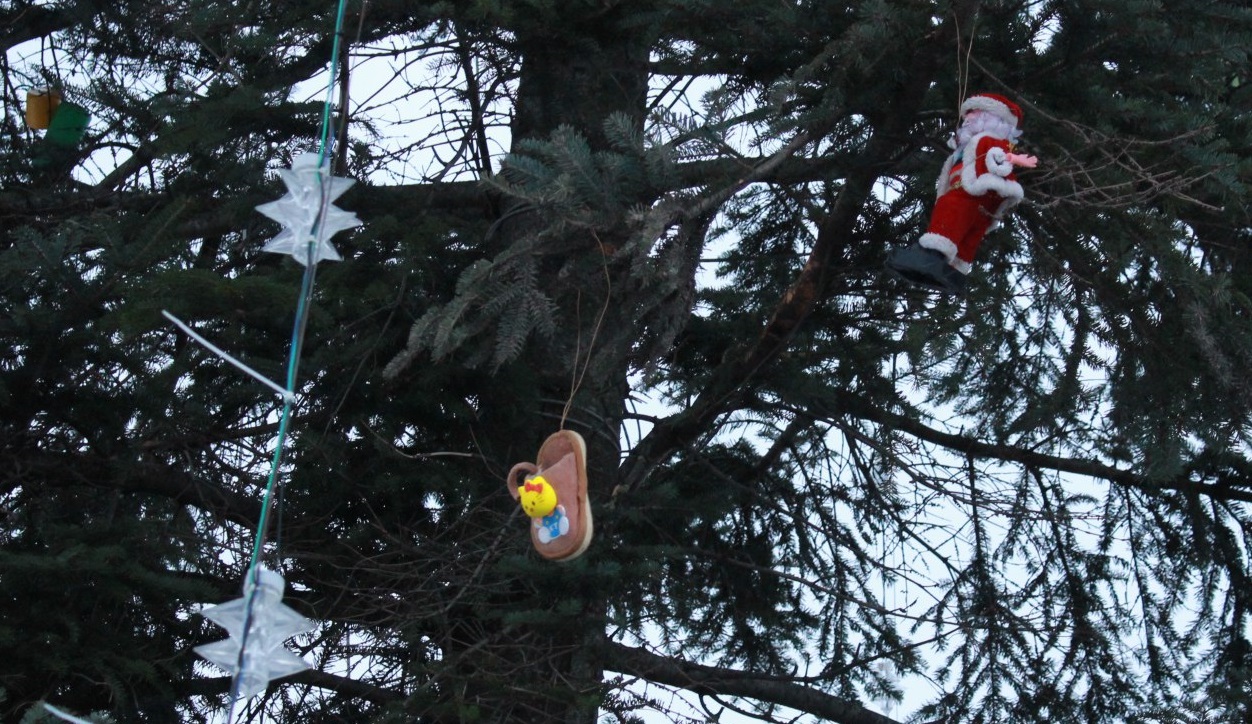 В Давид-Городке ёлку украсили ведёрками и детскими тапками (фотофакт)