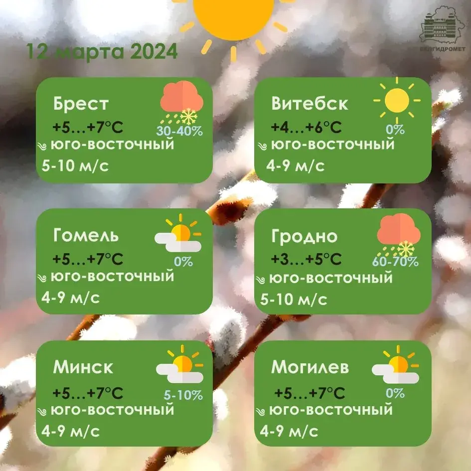 У аўторак у Беларусі будзе да +8 градусаў, месцамі пройдуць дажджы і мокры снег