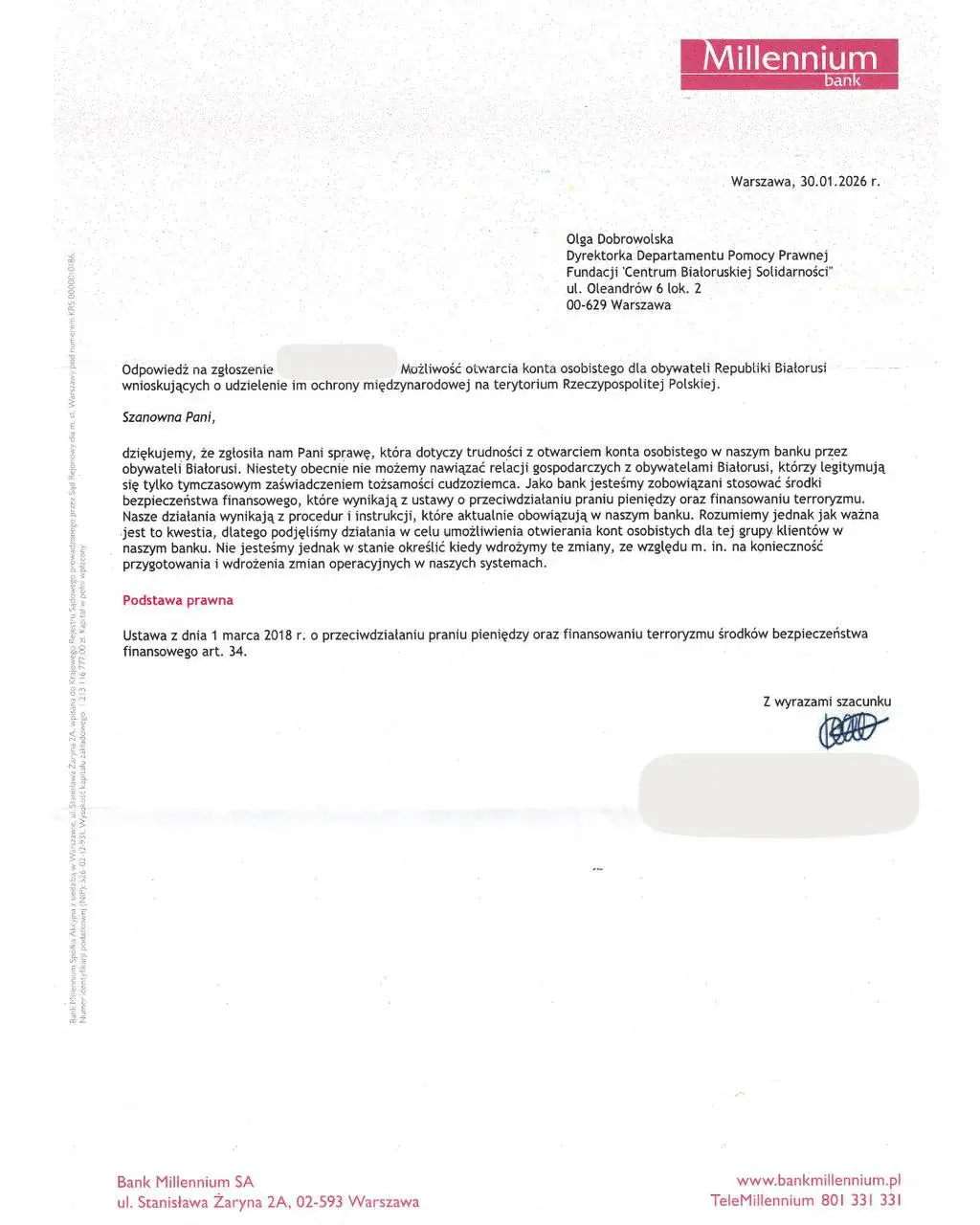Польскі банк Millennium не адкрывае рахункі па часовым пасведчанні замежніка