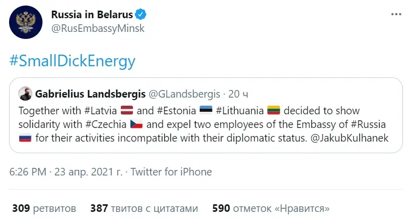 Посольство России в Беларуси намекнуло главе литовского МИД на маленький член