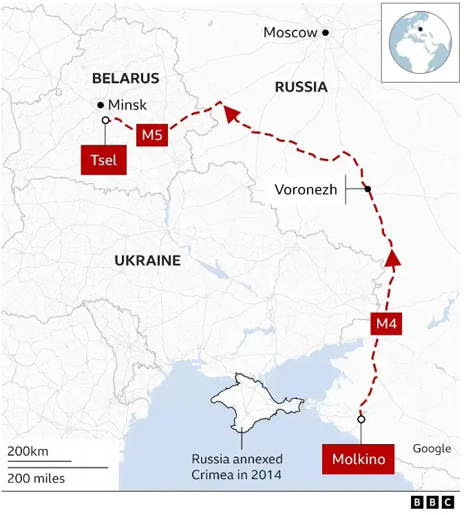 BBC показала вероятный маршрут движения вагнеровских колонн в Беларусь