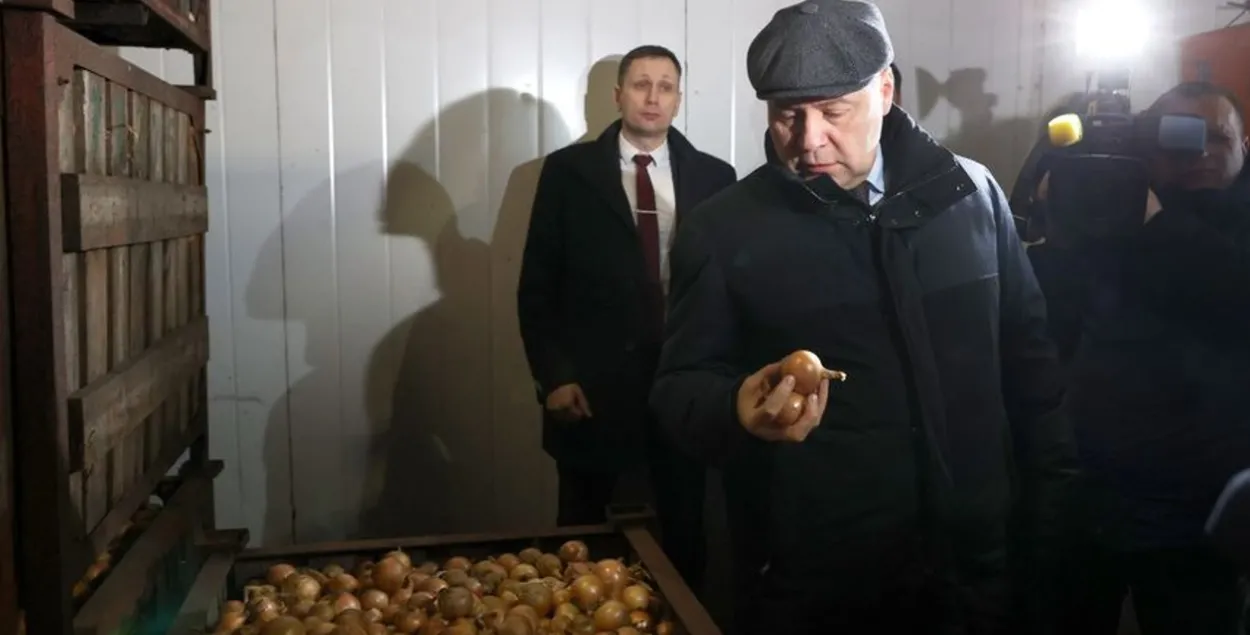 Роман Головченко проверяет условия хранения овощей: такой лук нужен самим! / БЕЛТА
