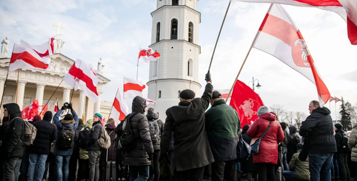 Белорусы подняли в Вильнюсе бело-красно-белые флаги и &quot;Погони&quot;, 22 ноября 2019 г. / delfi.lt​