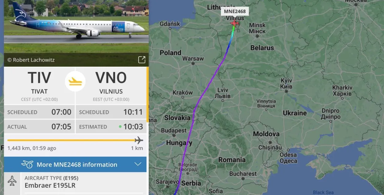 Черногорский самолет прилетел в Литву через Беларусь / flightradar24.com
