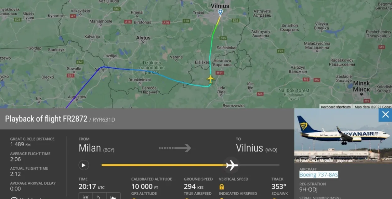 A Ryanair airplane recently flew into Belarus