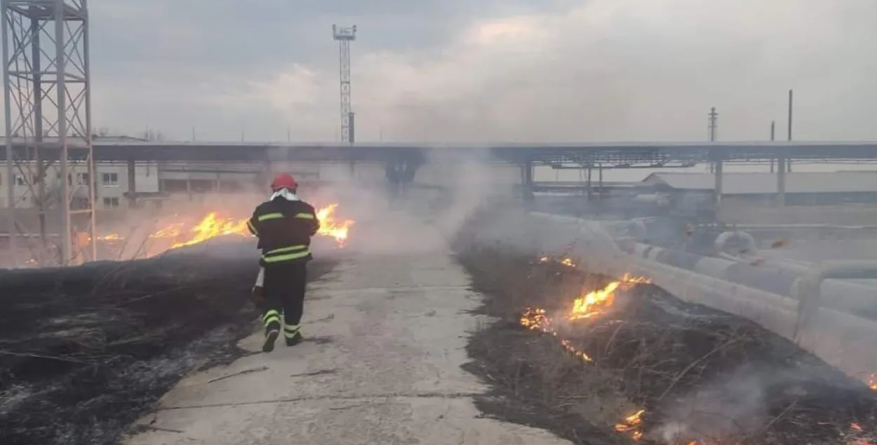 Ратавальнікі тушаць пажар на нафтабазе ў Лісічанску, які паўстаў пасля абстрэлу /&nbsp;@luhanskaVTSA