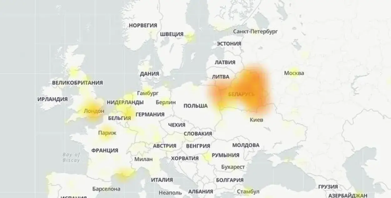 Карта сбоев YouTube / downdetector.ru