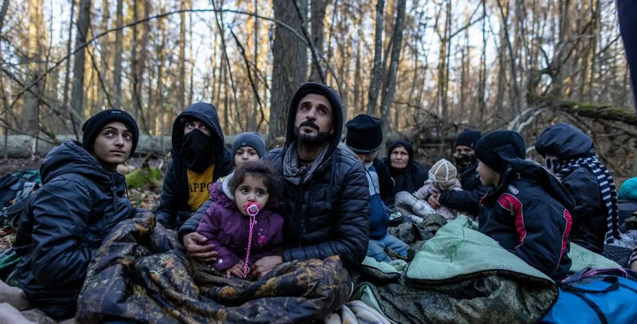 Курдская семья из Ирака с семью детьми (самому младшему пять месяцев) провела в лесу 20 дней и восемь раз была выгнана в Беларусь. Они утверждали, что белорусские солдаты их избивали и угрожали собаками. Это они в лесу возле Наровки / Wojtek Radwański / AFP&nbsp;