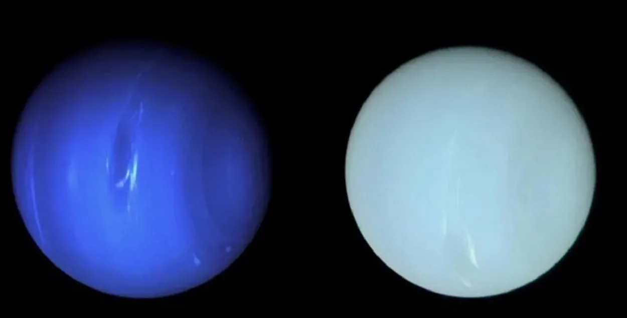 Такім Нептун паказвалі ў мінулым (злева), але яго сапраўдны колер іншы (справа)