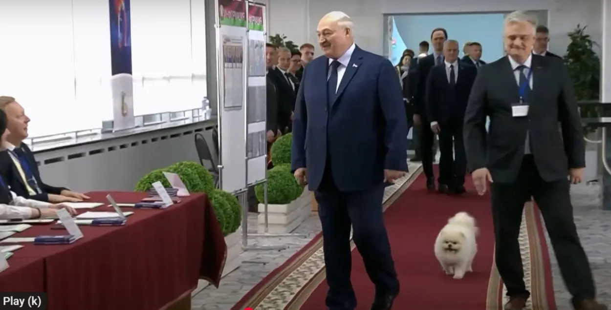 Аляксандр Лукашэнка і Умка на выбарчым участку 26 студзеня 2025 года
