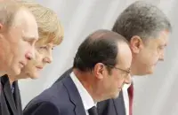 Владимир Путин, Ангела Меркель, Франсуа Олланд, Петр Порошенко на переговорах в Минске