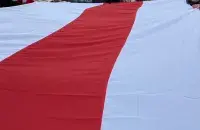 Огромный бело-красно-белый флаг на уличной акции 2020-го в Минске
