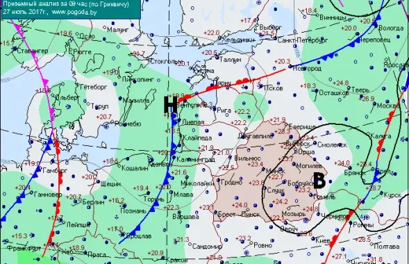 Карта атмосферных фронтов с сайта pogoda.by