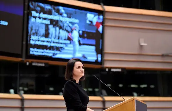 Svyatlana Tsikhanouskaya speaks at the Sakharov Prize ceremony in the EU Parliament in Brussels, Belgium, December 16, 2020 / Reuters