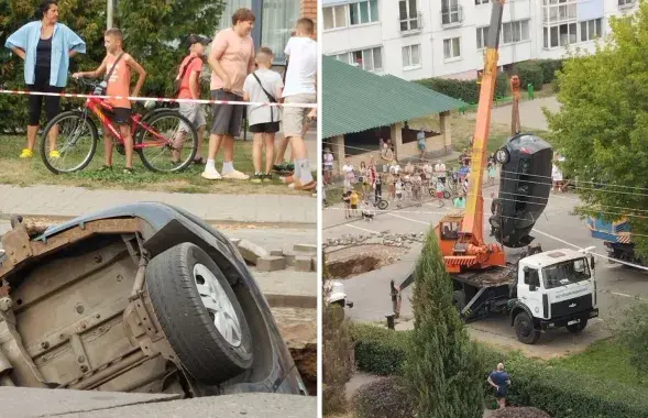 Авто провалилось под асфальт в Бобруйске
