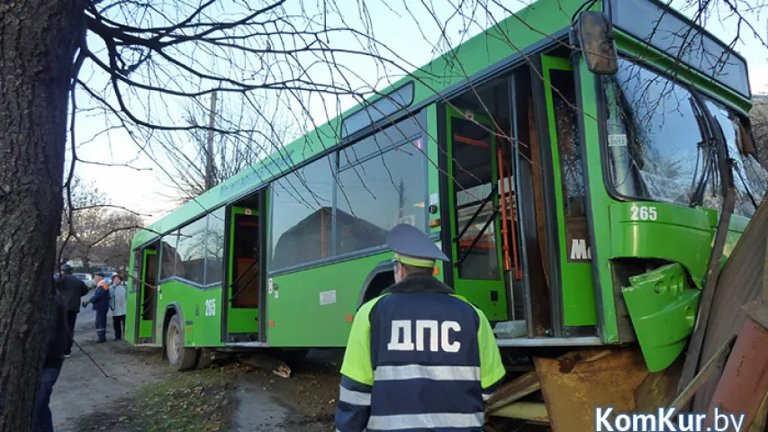 У Бабруйску аўтобус з пасажырамі знёс дрэва і пратараніў гаражы (фота)